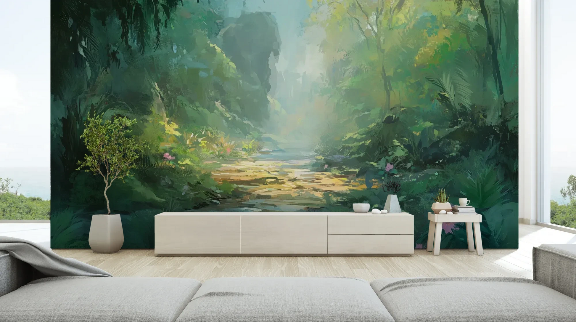 Wzór fototapety ENCHANTED STREAM - tapeta z magicznym leśnym strumieniem pokazanej w aranżacji salonu.