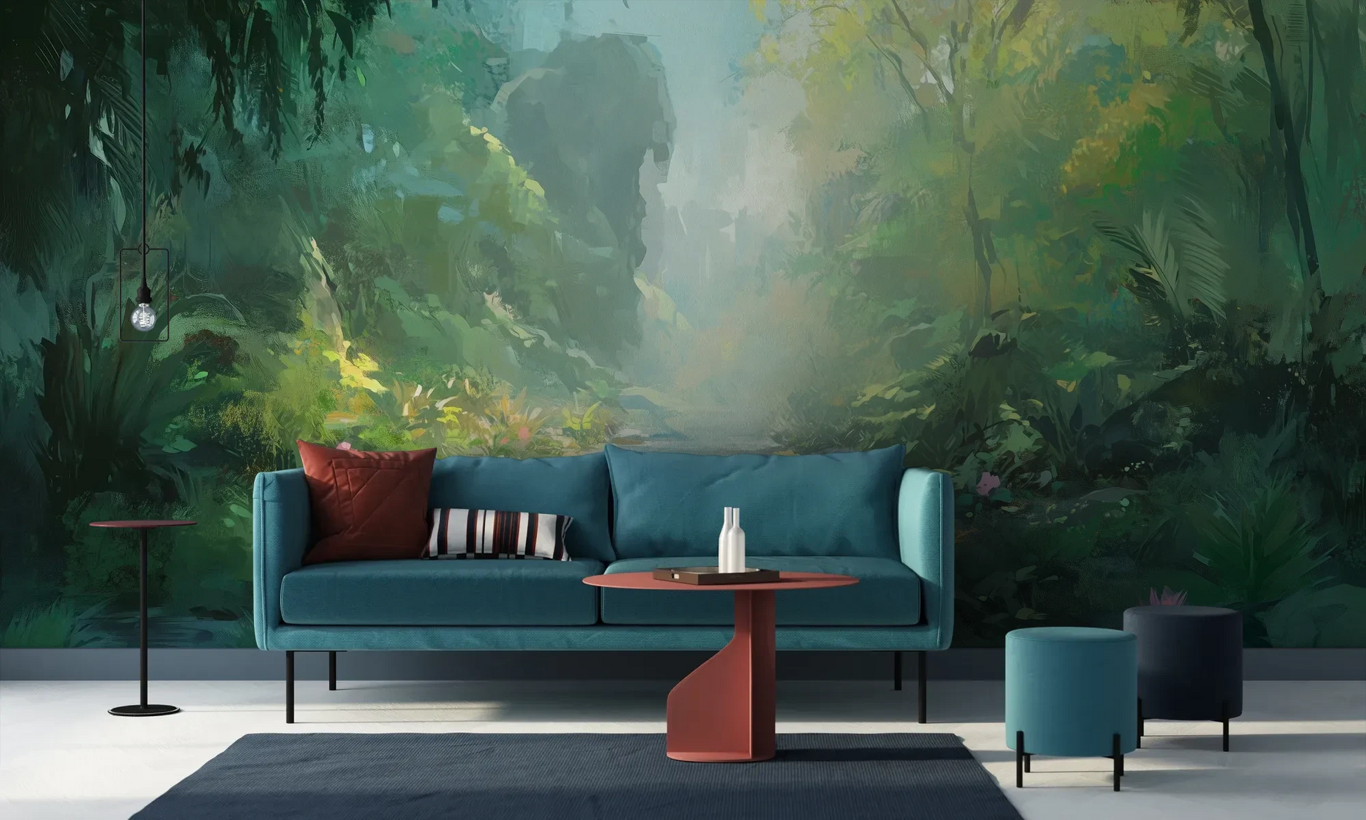 Wzór fototapety ENCHANTED STREAM - tapeta z magicznym leśnym strumieniem pokazanej w aranżacji salonu.