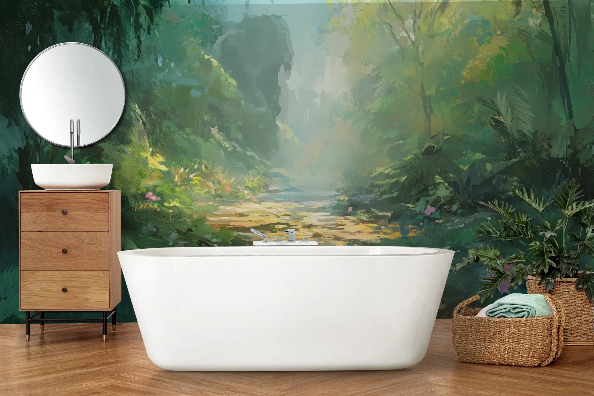 Wzór fototapety ENCHANTED STREAM - tapeta z magicznym leśnym strumieniem pokazanej w aranżacji łazienki.