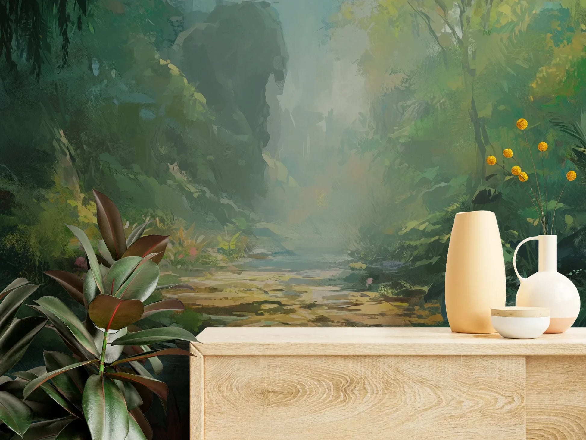 Fototapeta ENCHANTED STREAM - tapeta z magicznym leśnym strumieniem pokazana w aranżacji wnętrza z akcentem na ścianie.