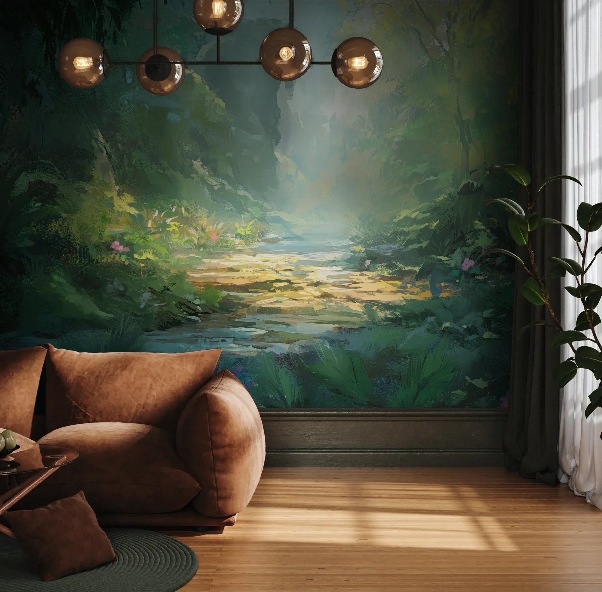 Fototapeta ENCHANTED STREAM - tapeta z magicznym leśnym strumieniem pokazana w aranżacji wnętrza z akcentem na ścianie.