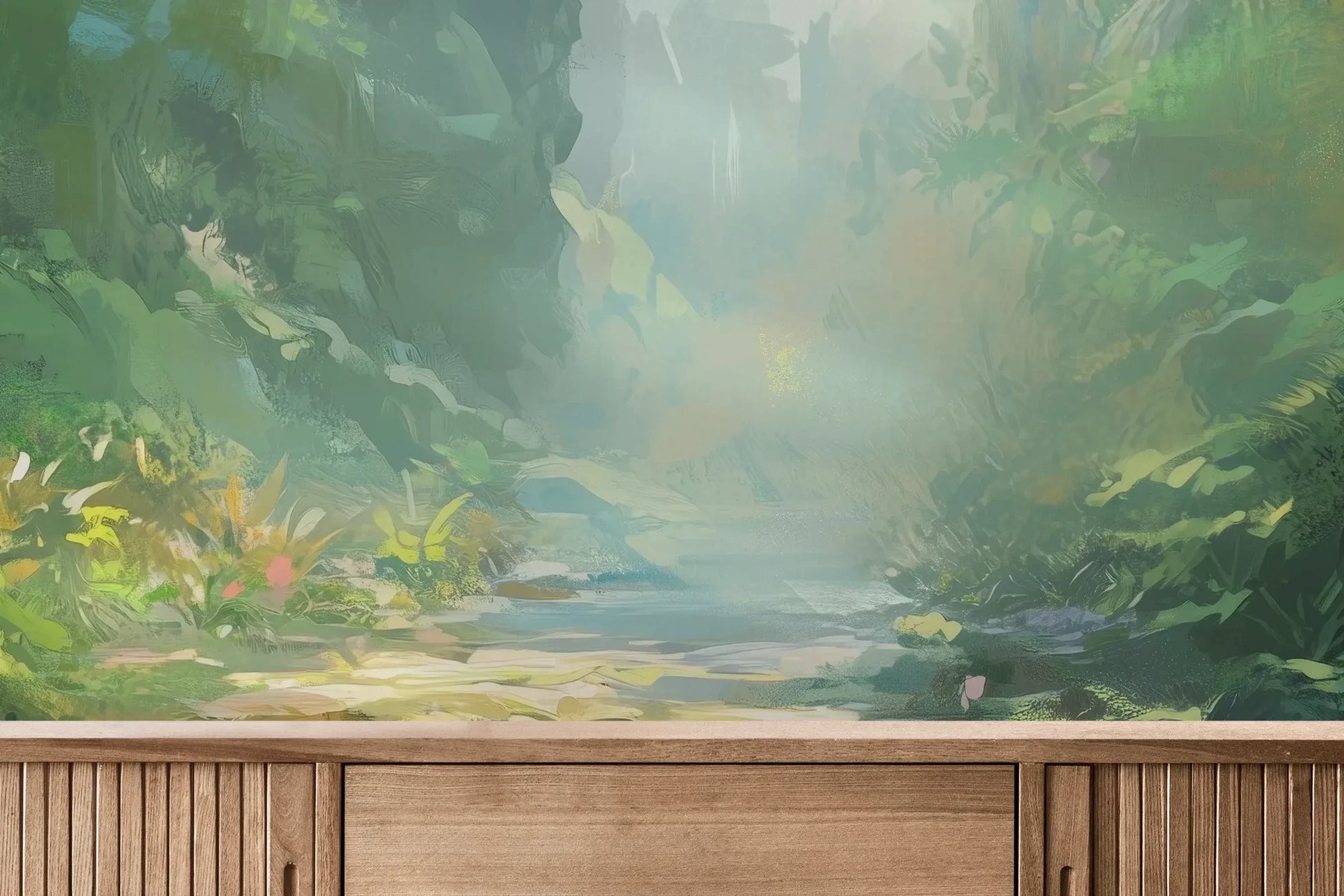 Fototapeta ENCHANTED STREAM - tapeta z magicznym leśnym strumieniem pokazana w aranżacji wnętrza z akcentem na ścianie.