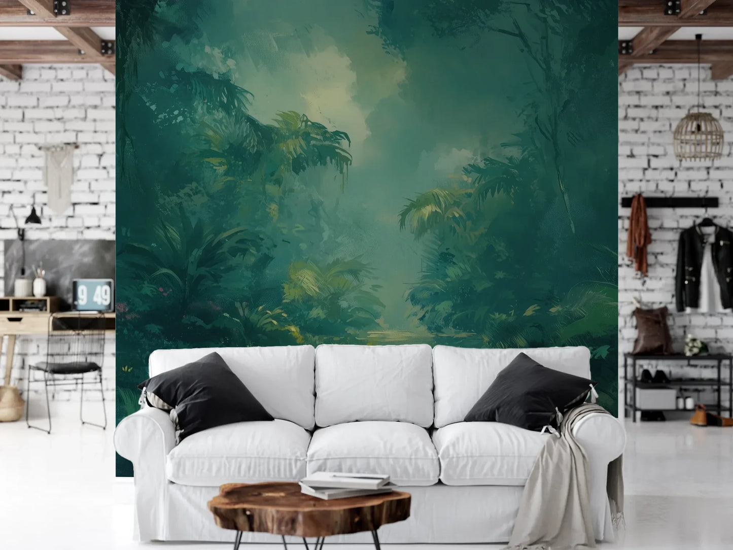 Wzór fototapety MYSTIC LAGOON - tapeta z mistyczną dżunglą w turkusowej poświacie pokazanej w aranżacji salonu.
