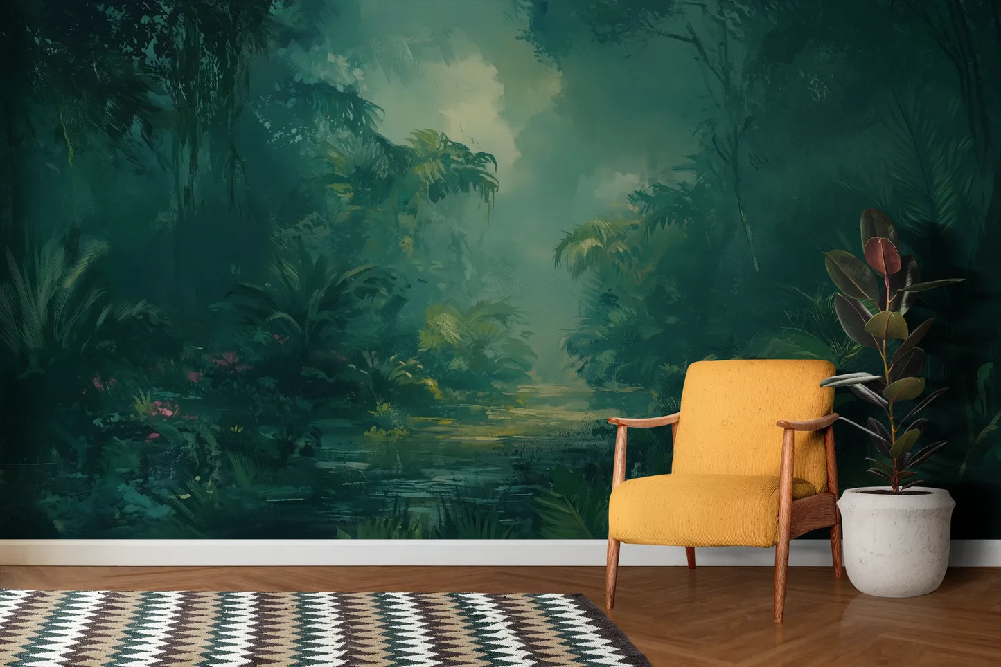 Wzór fototapety MYSTIC LAGOON - tapeta z mistyczną dżunglą w turkusowej poświacie pokazanej w aranżacji salonu.