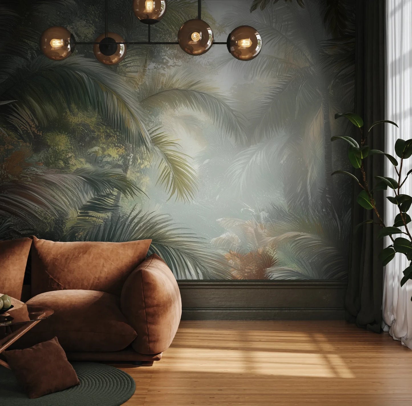 Fototapeta MISTY SANCTUARY - tapeta z tropikalną mglistą dżunglą pokazana w aranżacji wnętrza z akcentem na ścianie.
