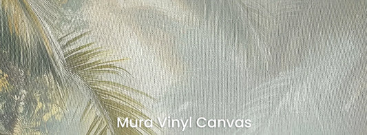 Zbliżenie na fototapetę MISTY SANCTUARY - tapeta z tropikalną mglistą dżunglą na podłożu o fakturze płótna.