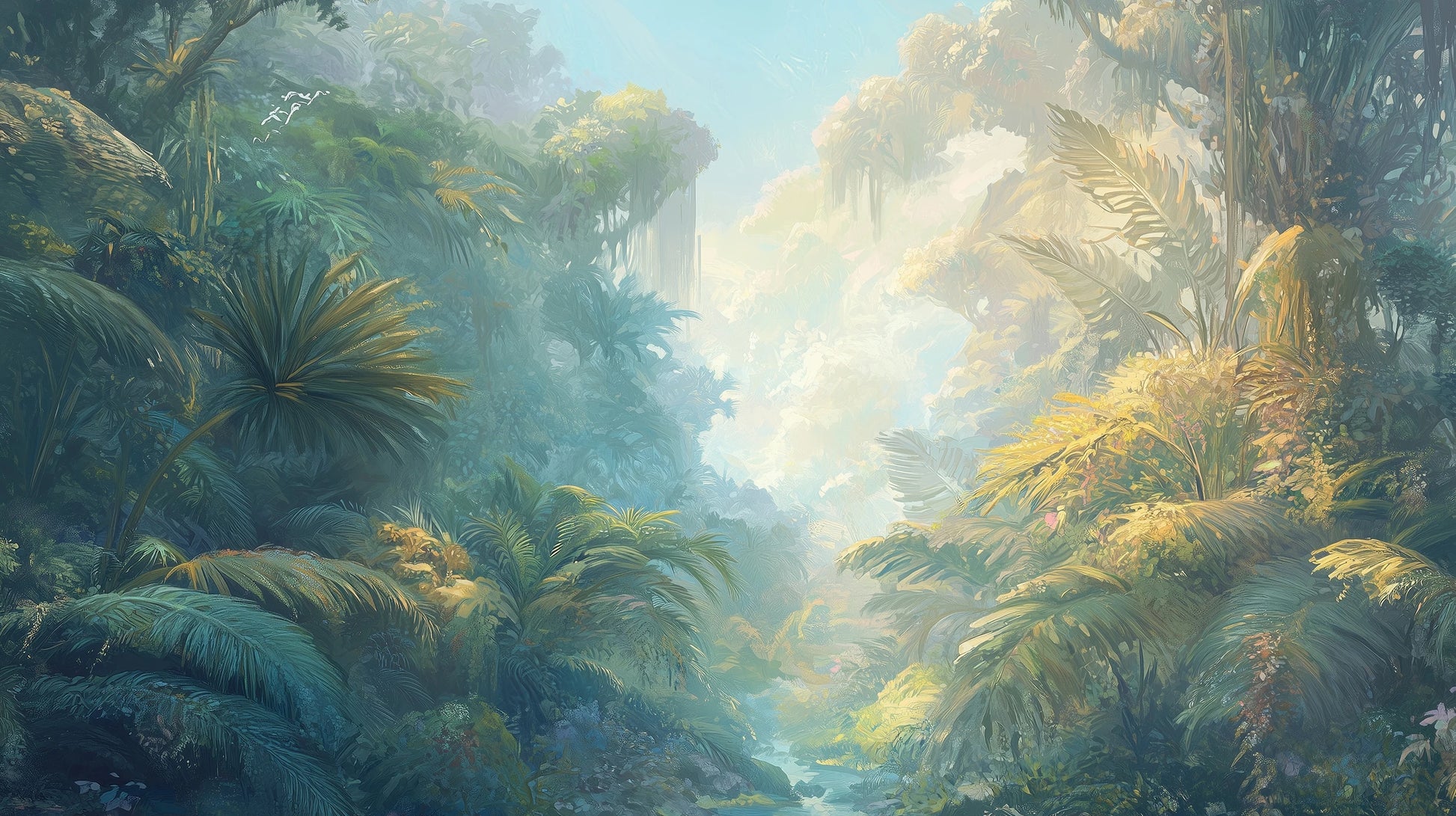 Prezentacja całego wzoru fototapety o nazwie ETHEREAL MIST - tapeta z tropikalną dżunglą w porannej mgle