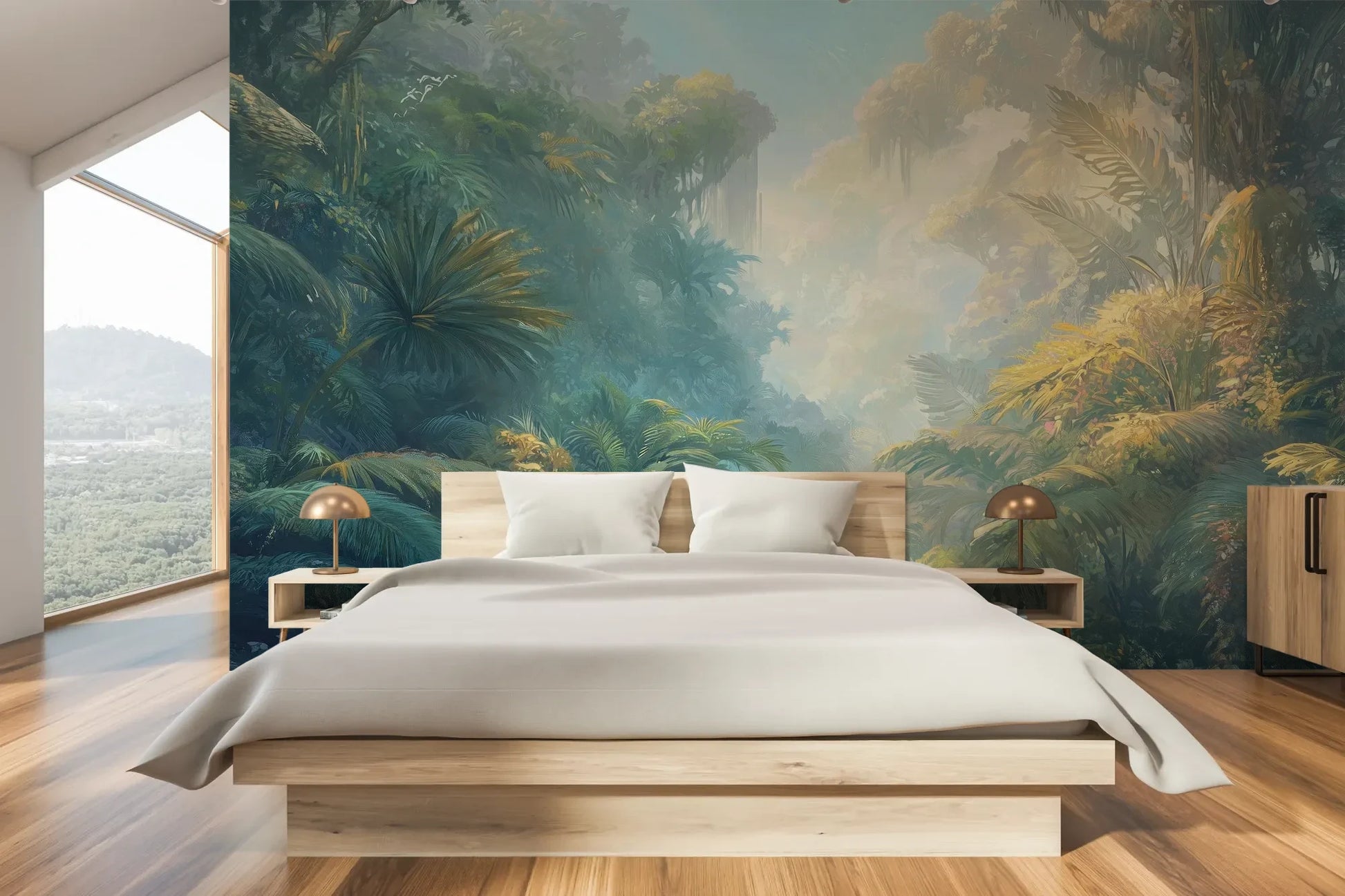 Wzór fototapety ETHEREAL MIST - tapeta z tropikalną dżunglą w porannej mgle pokazanej w aranżacji sypialni.