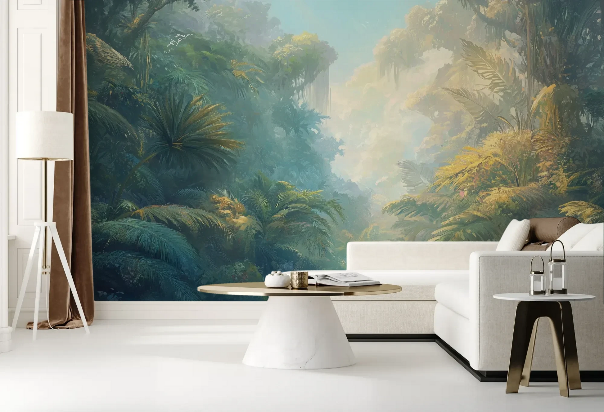Wzór fototapety ETHEREAL MIST - tapeta z tropikalną dżunglą w porannej mgle pokazanej w aranżacji salonu.