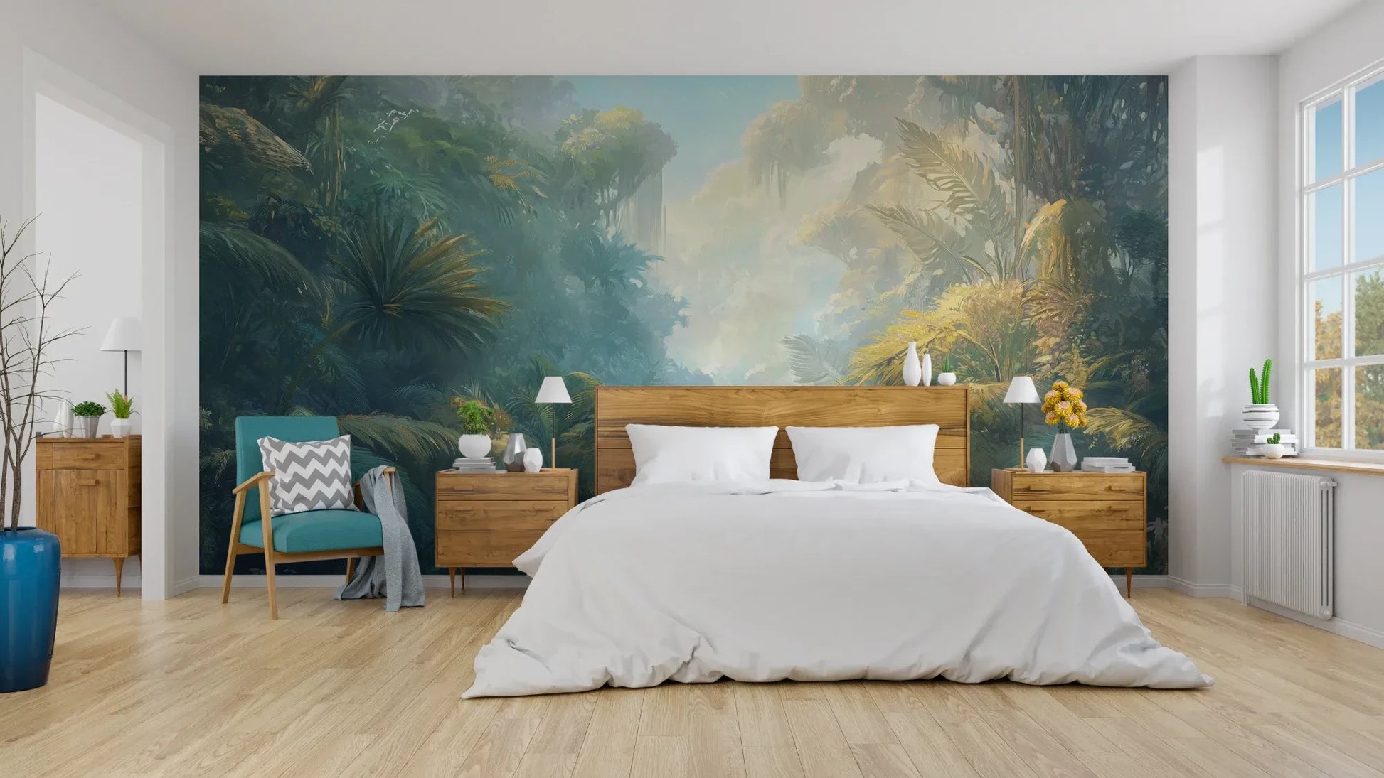 Wzór fototapety ETHEREAL MIST - tapeta z tropikalną dżunglą w porannej mgle pokazanej w aranżacji sypialni.