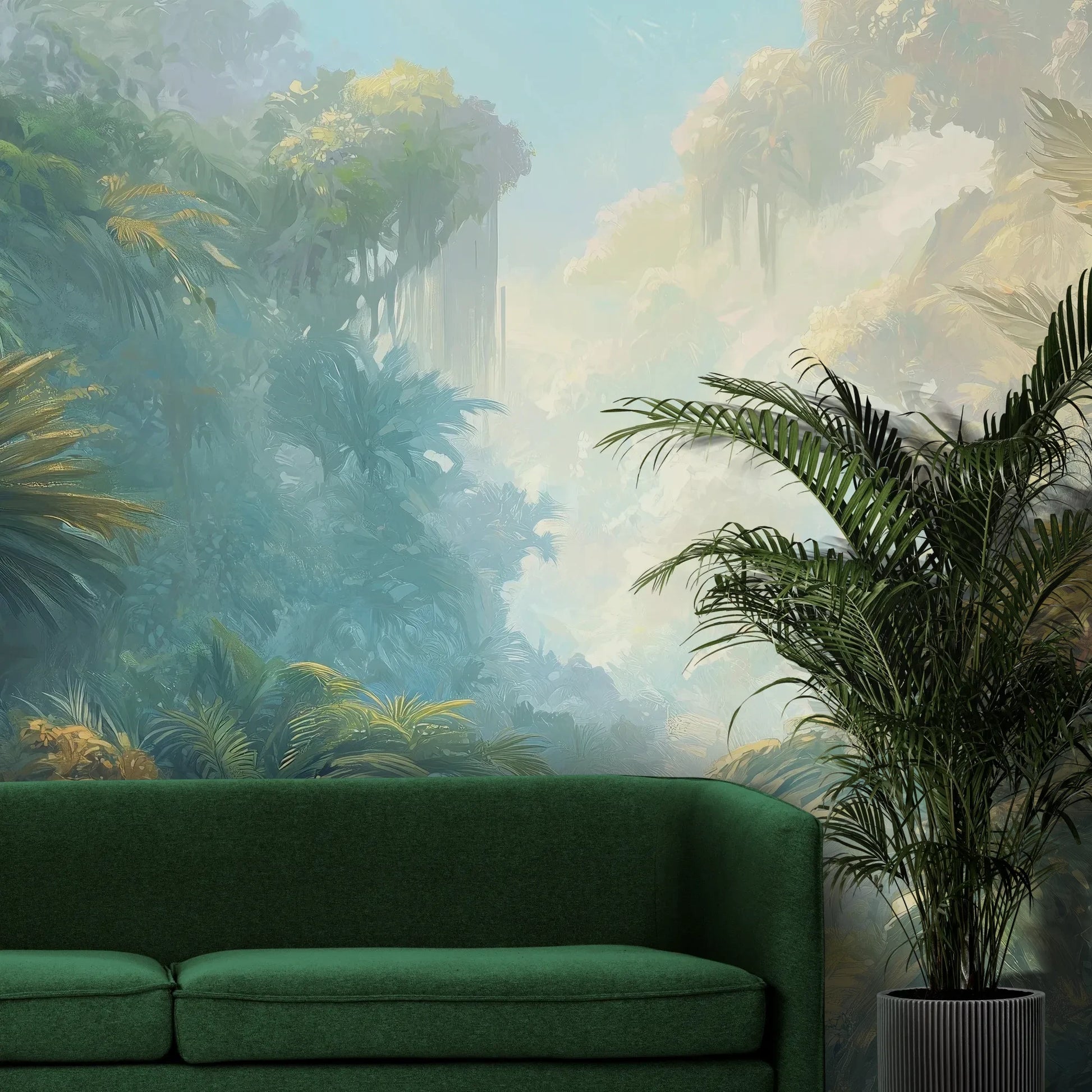 Fototapeta ETHEREAL MIST - tapeta z tropikalną dżunglą w porannej mgle pokazana w aranżacji wnętrza z akcentem na ścianie.