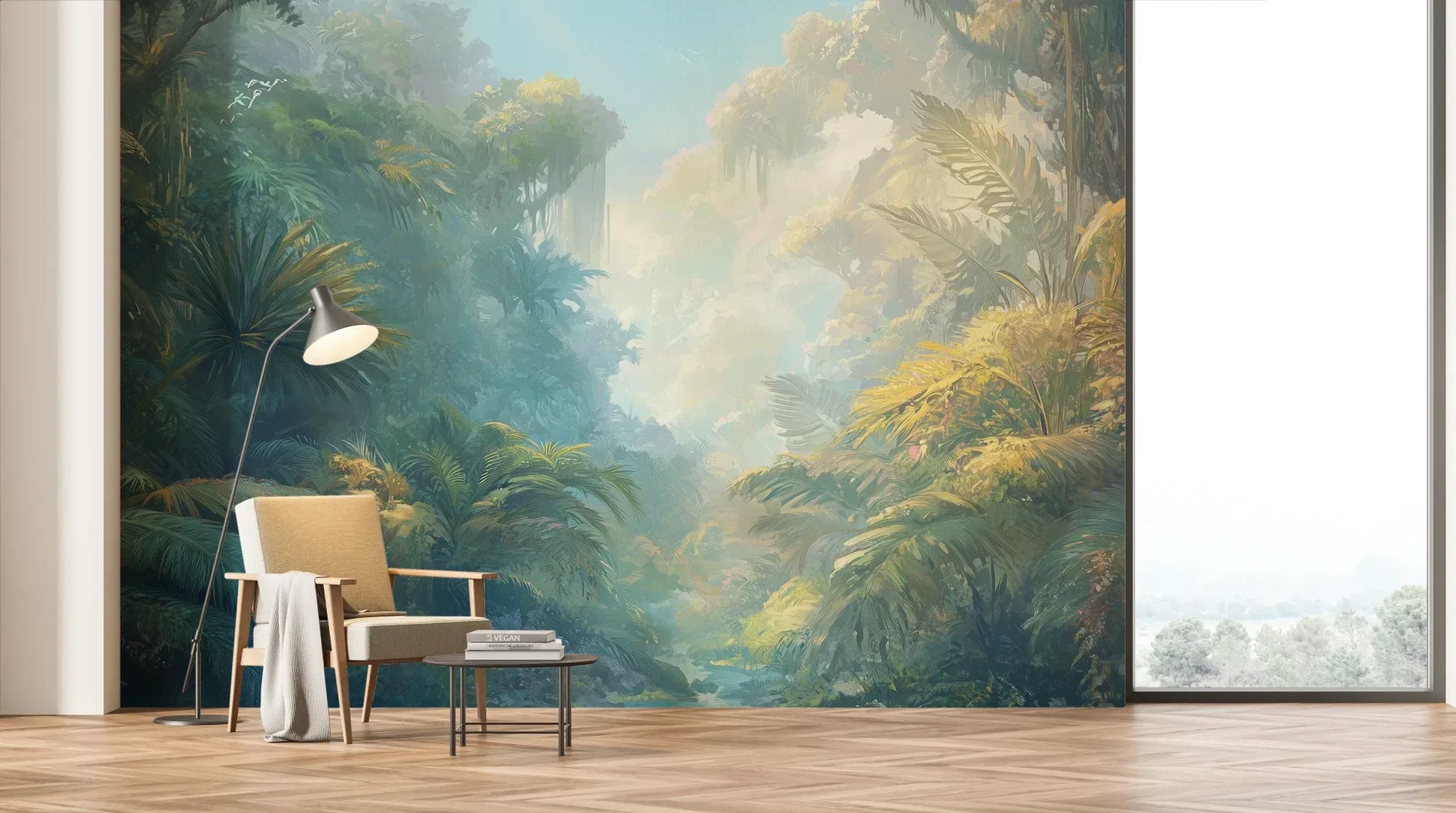 Wzór fototapety ETHEREAL MIST - tapeta z tropikalną dżunglą w porannej mgle pokazanej w aranżacji salonu.