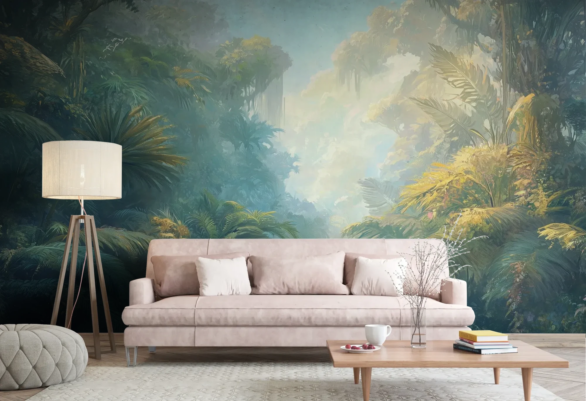 Wzór fototapety ETHEREAL MIST - tapeta z tropikalną dżunglą w porannej mgle pokazanej w aranżacji salonu.