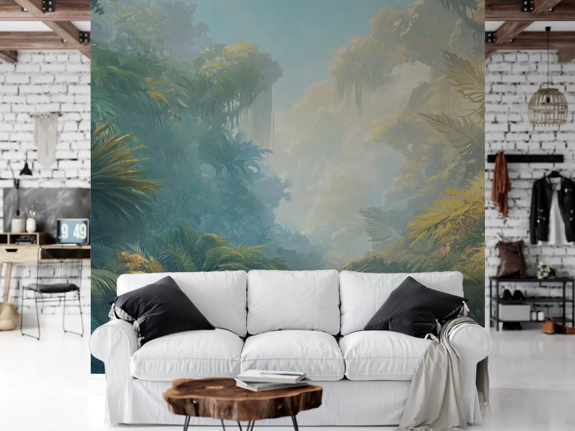 Wzór fototapety ETHEREAL MIST - tapeta z tropikalną dżunglą w porannej mgle pokazanej w aranżacji salonu.