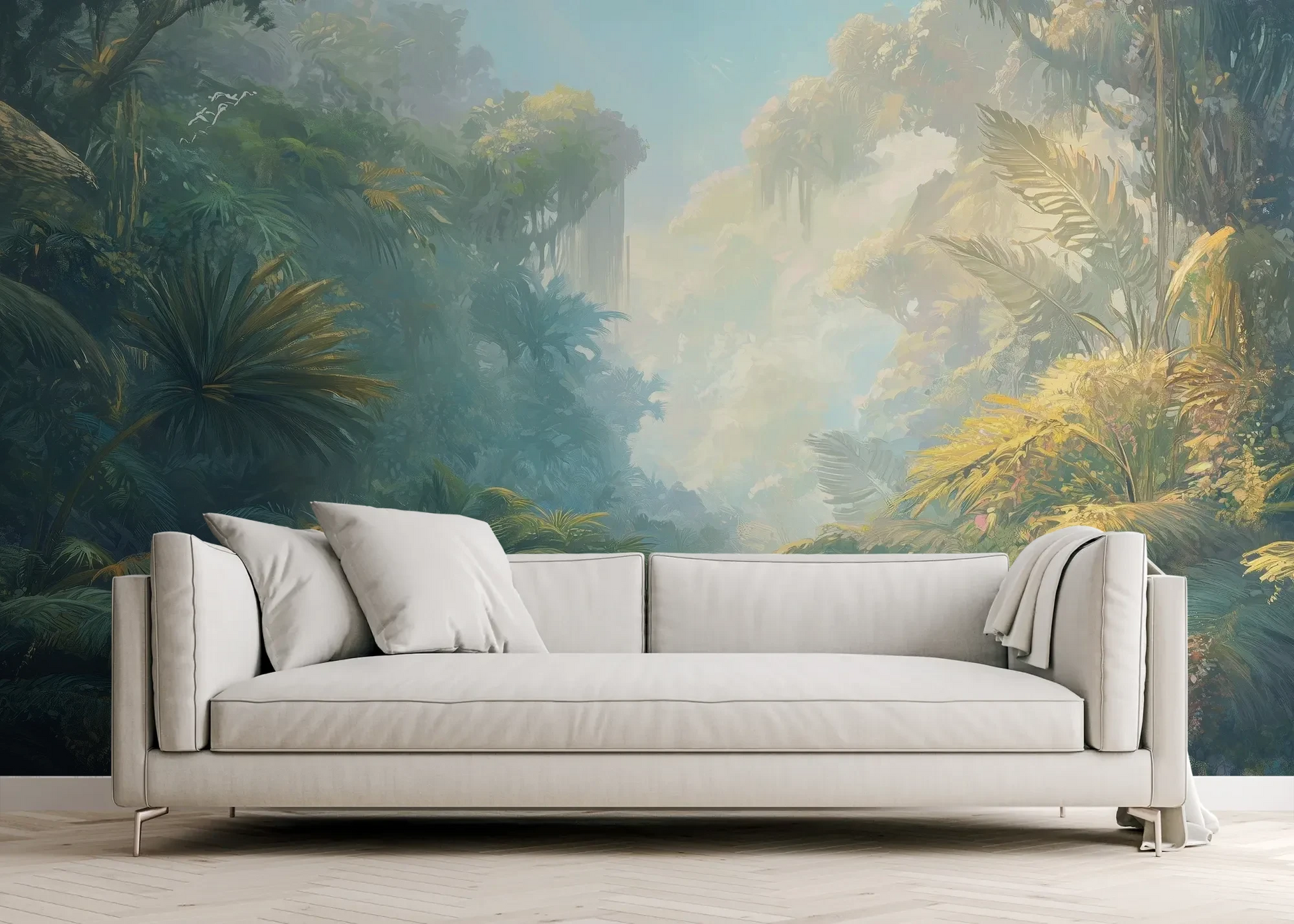 Wzór fototapety ETHEREAL MIST - tapeta z tropikalną dżunglą w porannej mgle pokazanej w aranżacji salonu.