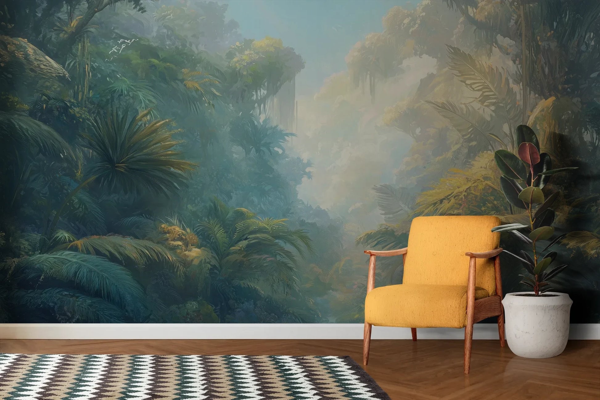 Wzór fototapety ETHEREAL MIST - tapeta z tropikalną dżunglą w porannej mgle pokazanej w aranżacji salonu.