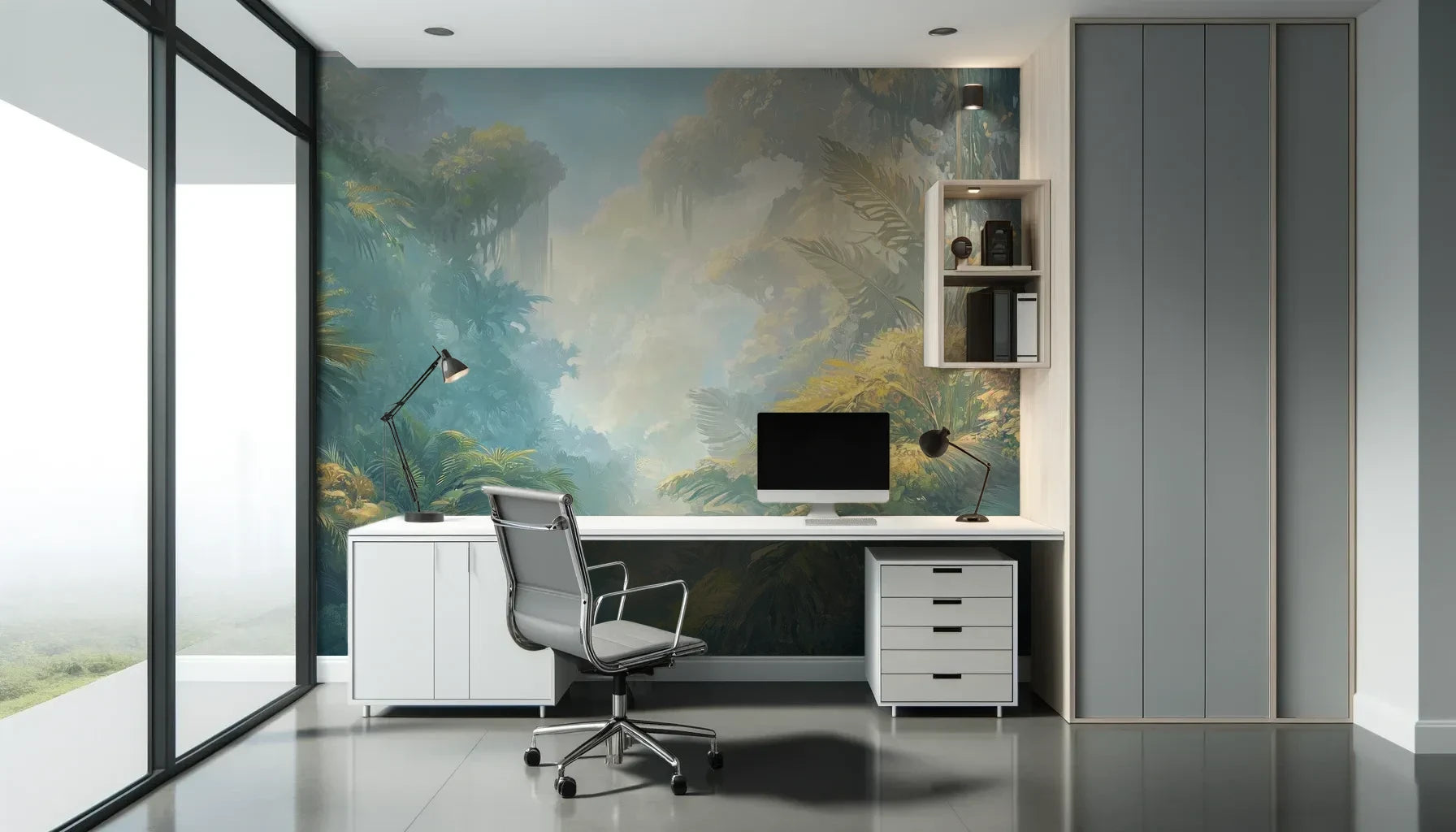 Fototapeta ETHEREAL MIST - tapeta z tropikalną dżunglą w porannej mgle pokazana w aranżacji biura.