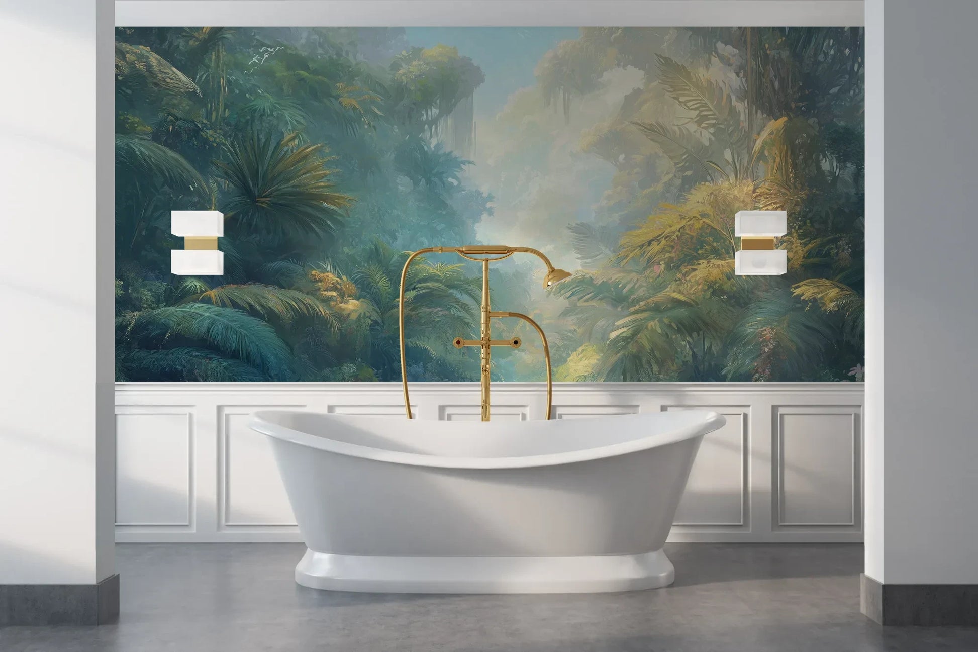 Wzór fototapety ETHEREAL MIST - tapeta z tropikalną dżunglą w porannej mgle pokazanej w aranżacji łazienki.