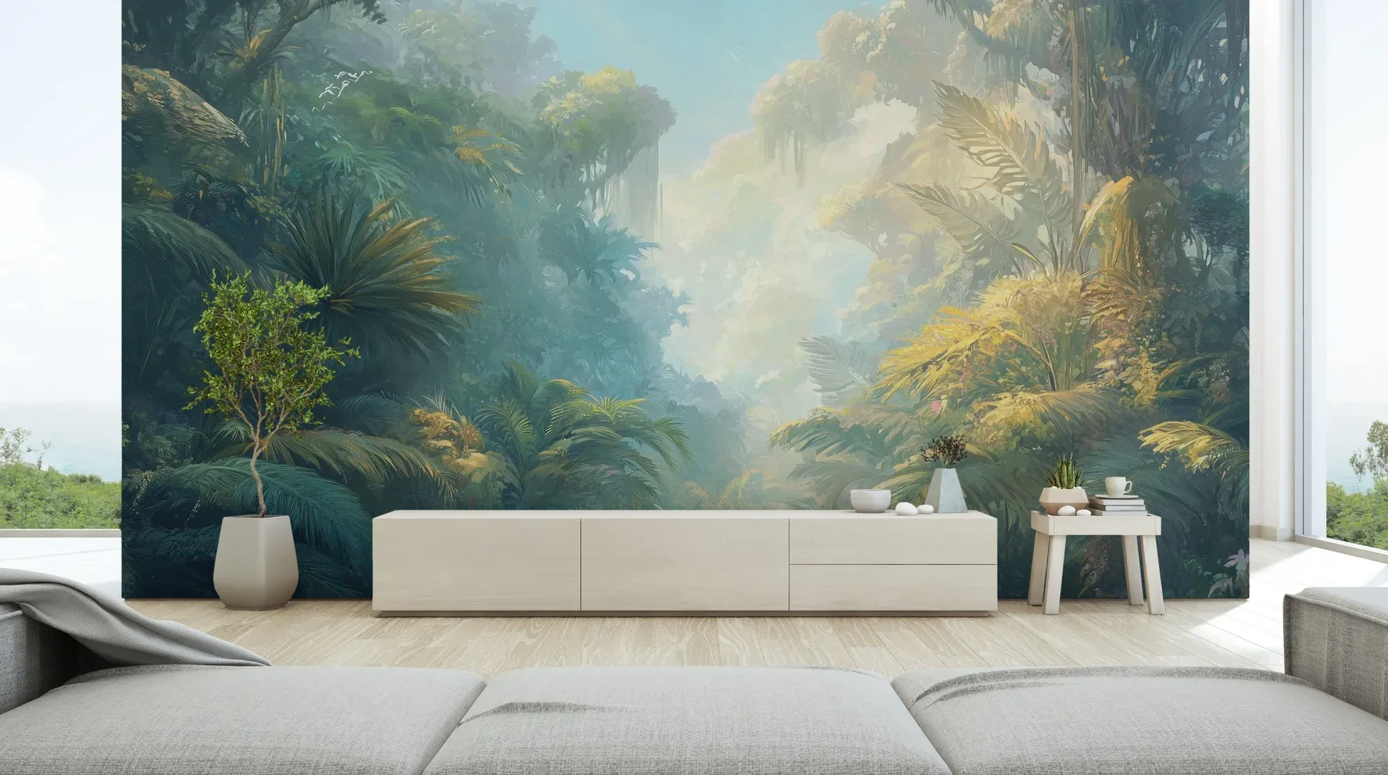 Wzór fototapety ETHEREAL MIST - tapeta z tropikalną dżunglą w porannej mgle pokazanej w aranżacji salonu.