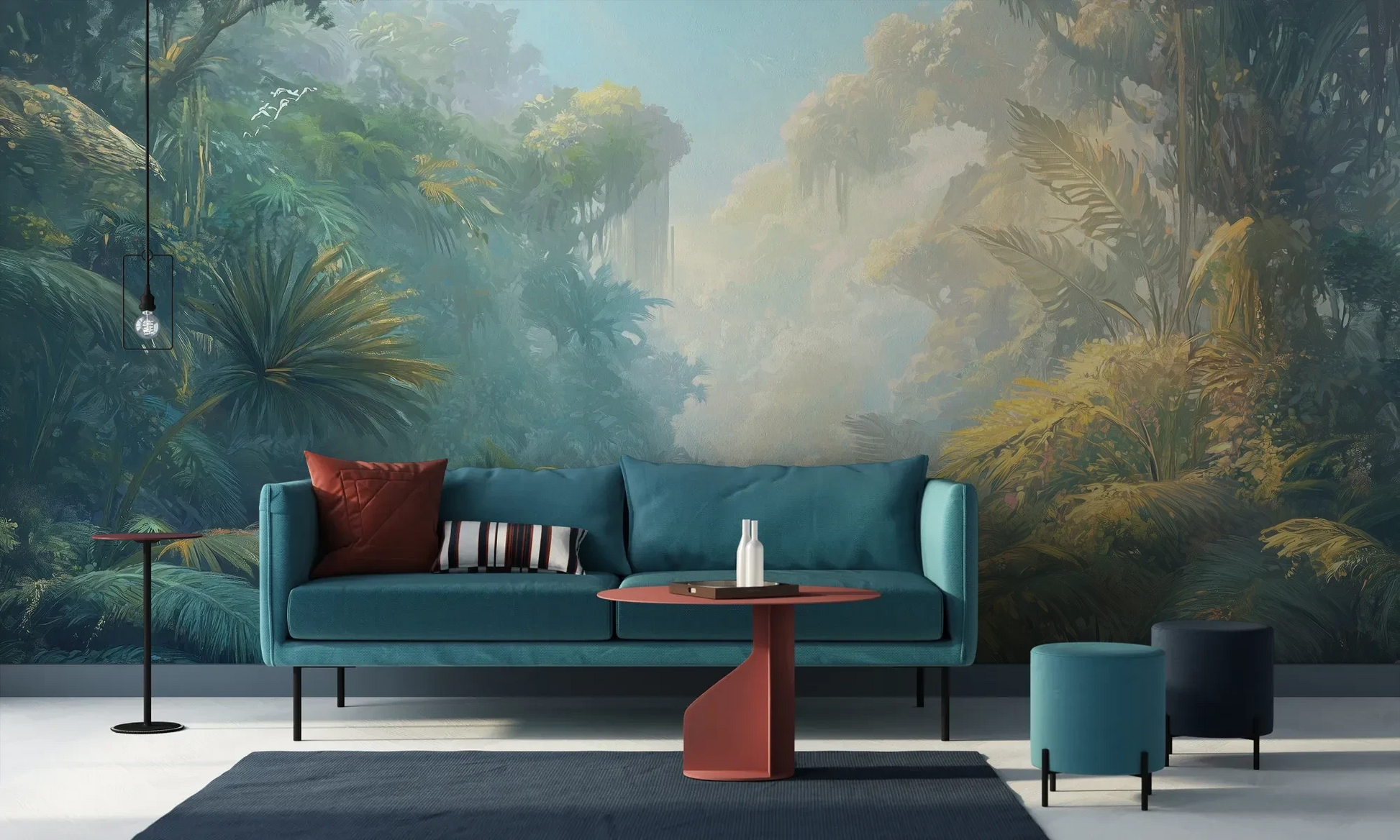 Wzór fototapety ETHEREAL MIST - tapeta z tropikalną dżunglą w porannej mgle pokazanej w aranżacji salonu.
