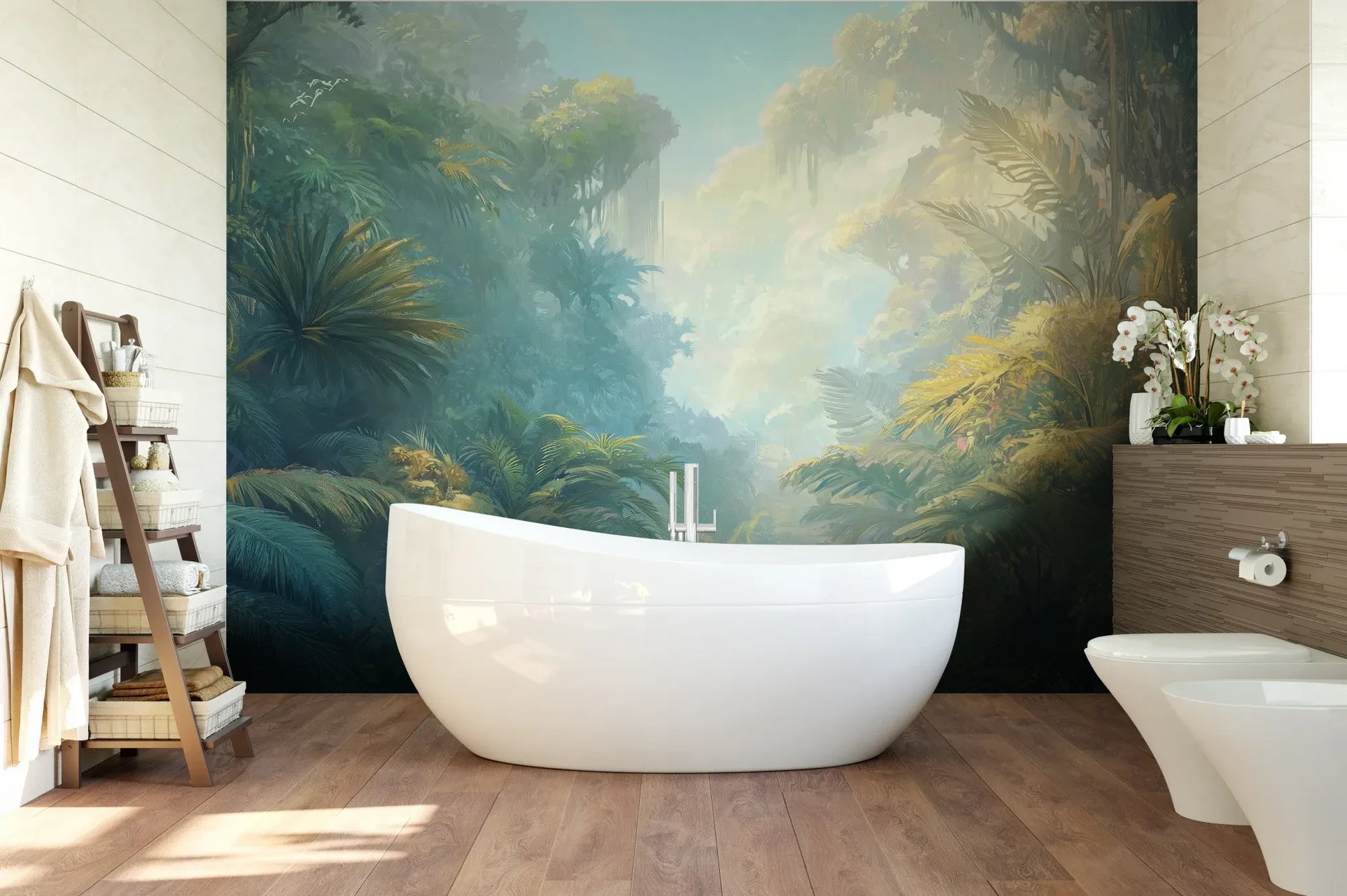 Wzór fototapety ETHEREAL MIST - tapeta z tropikalną dżunglą w porannej mgle pokazanej w aranżacji łazienki.