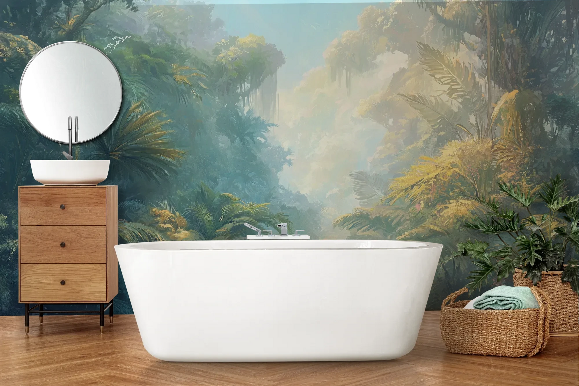 Wzór fototapety ETHEREAL MIST - tapeta z tropikalną dżunglą w porannej mgle pokazanej w aranżacji łazienki.