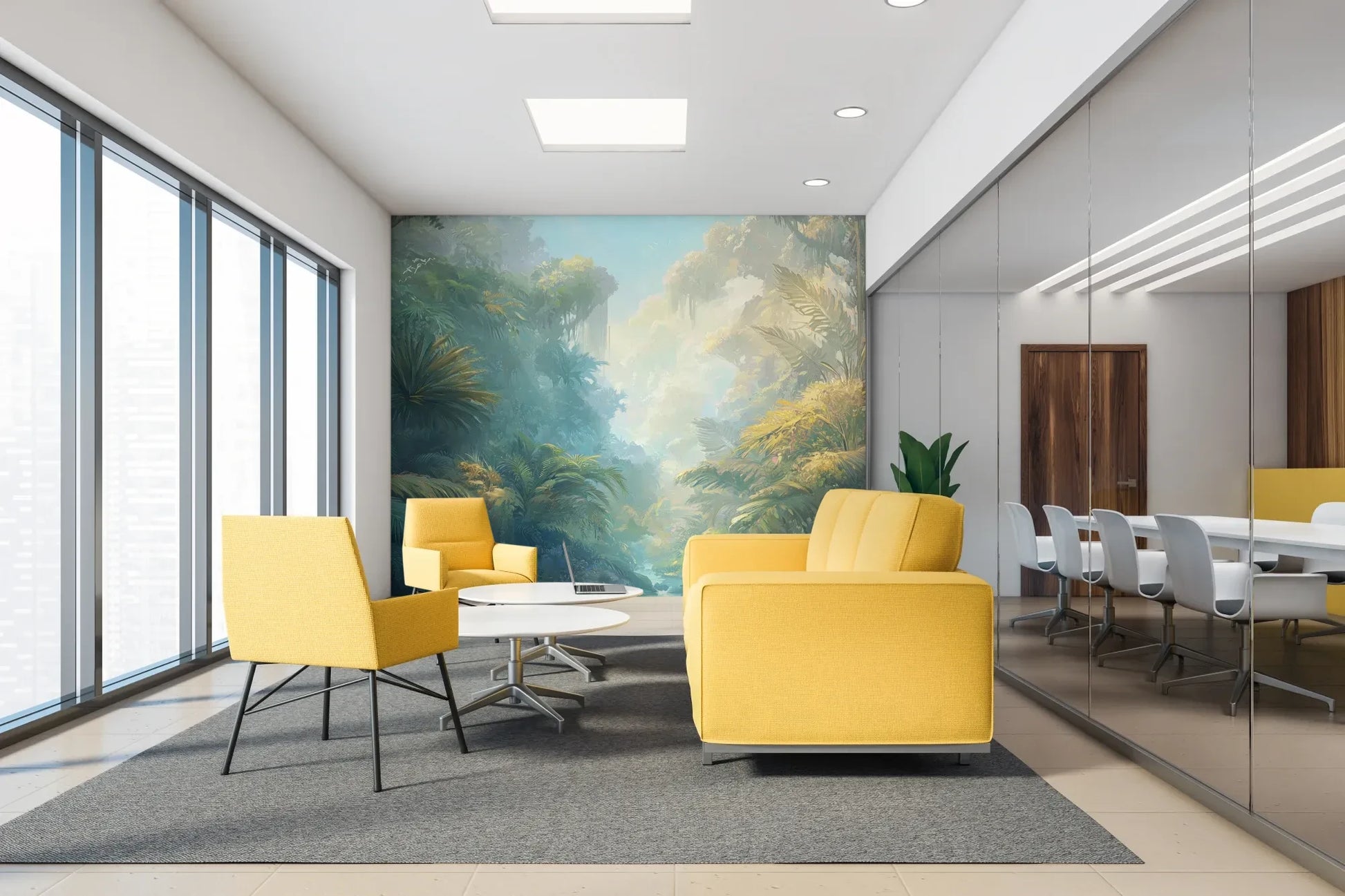 Fototapeta ETHEREAL MIST - tapeta z tropikalną dżunglą w porannej mgle w aranżacji wnętrza.