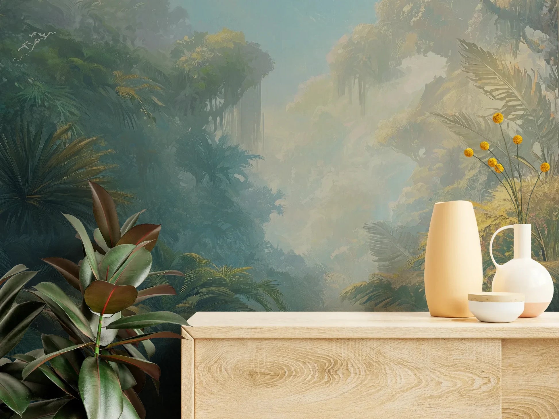 Fototapeta ETHEREAL MIST - tapeta z tropikalną dżunglą w porannej mgle pokazana w aranżacji wnętrza z akcentem na ścianie.