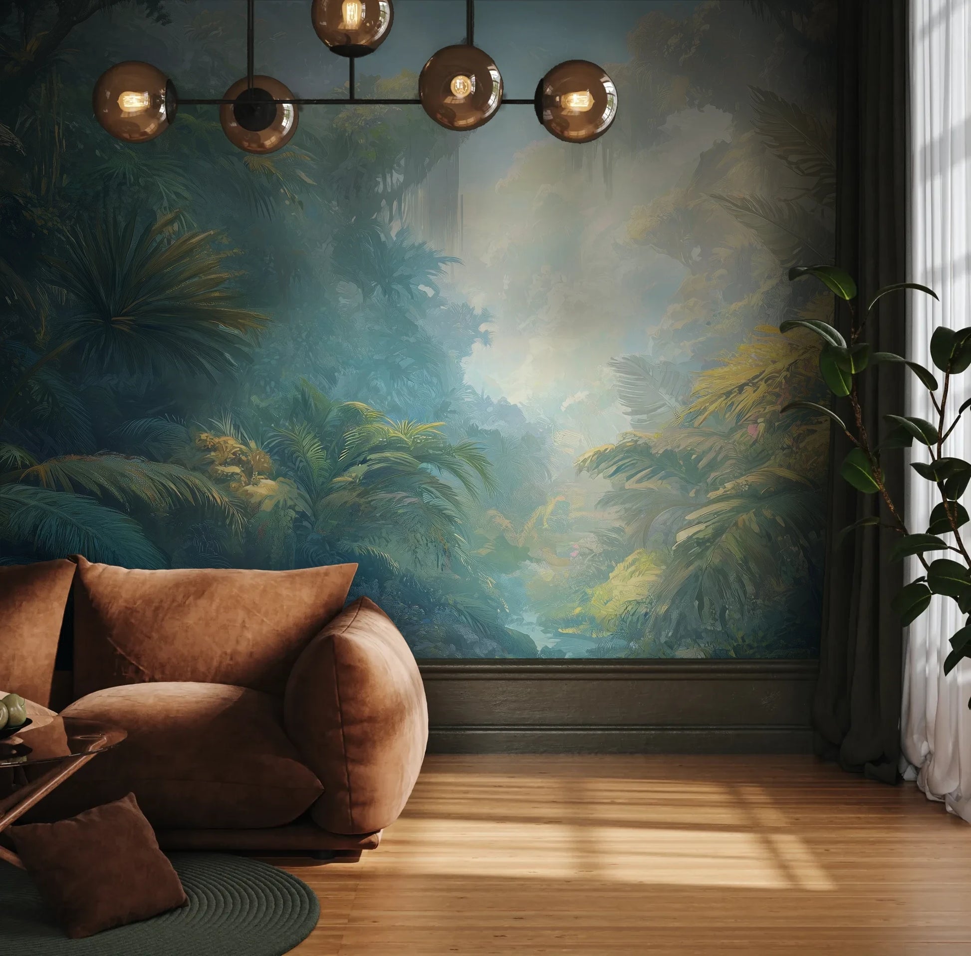 Fototapeta ETHEREAL MIST - tapeta z tropikalną dżunglą w porannej mgle pokazana w aranżacji wnętrza z akcentem na ścianie.