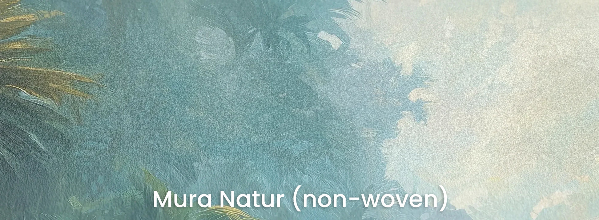 Zbliżenie na fototapetę ETHEREAL MIST - tapeta z tropikalną dżunglą w porannej mgle na naturalnym podłożu ekologicznym.