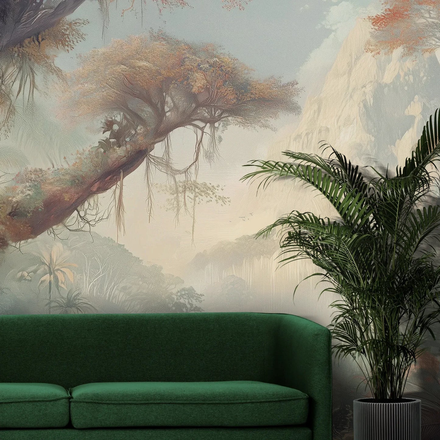 Fototapeta TWILIGHT SANCTUARY - tapeta z mistyczną dżunglą o zachodzie słońca pokazana w aranżacji wnętrza z akcentem na ścianie.