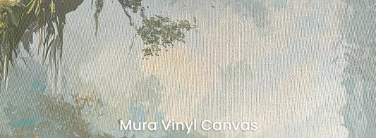 Zbliżenie na fototapetę RAINFOREST DAWN - tapeta z tropikalnym krajobrazem w porannej mgle na podłożu o fakturze płótna.