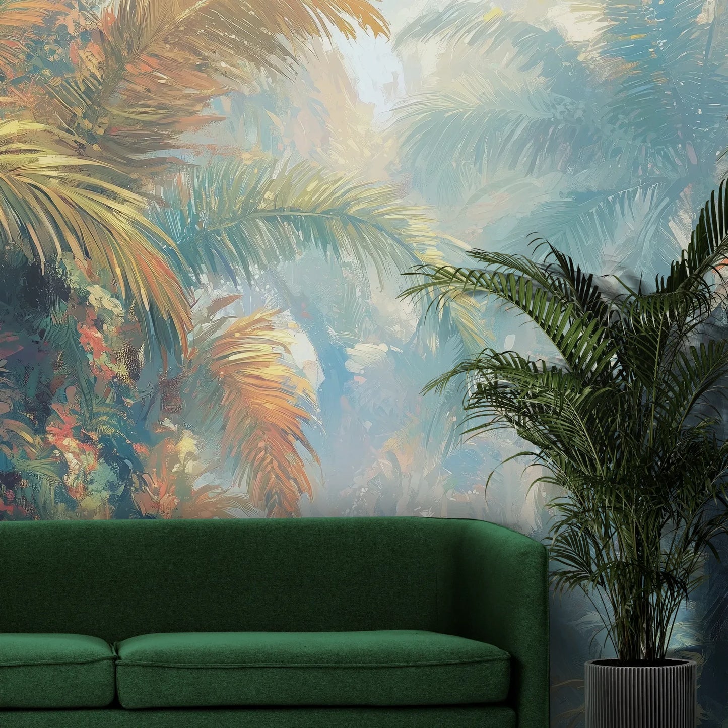 Fototapeta LUMINOUS PALMS - tapeta z tropikalną dżunglą w promieniach słońca pokazana w aranżacji wnętrza z akcentem na ścianie.