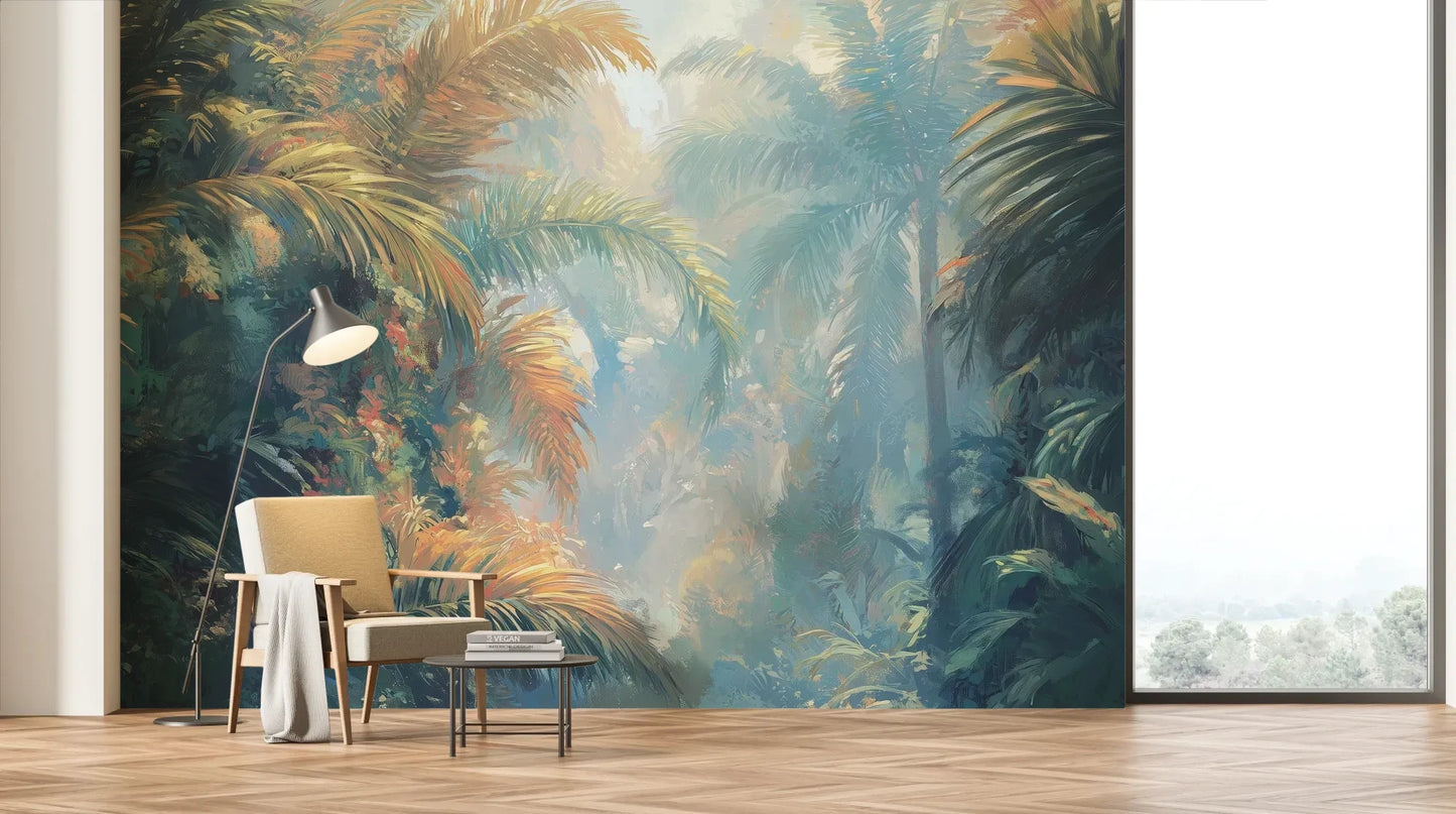 Wzór fototapety LUMINOUS PALMS - tapeta z tropikalną dżunglą w promieniach słońca pokazanej w aranżacji salonu.