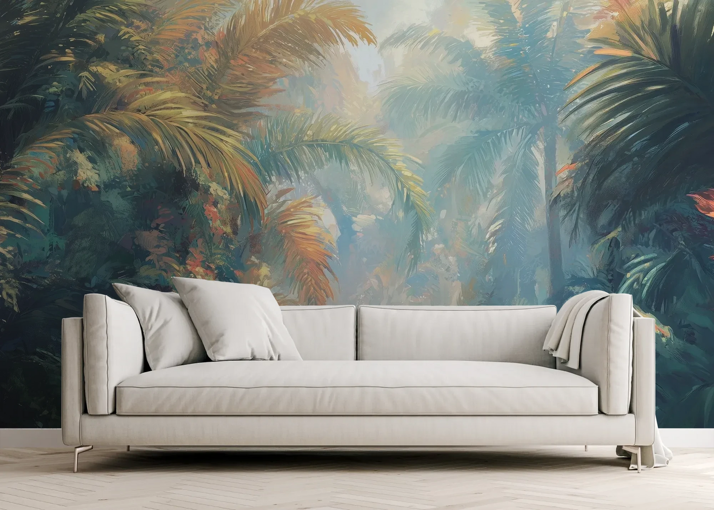 Wzór fototapety LUMINOUS PALMS - tapeta z tropikalną dżunglą w promieniach słońca pokazanej w aranżacji salonu.