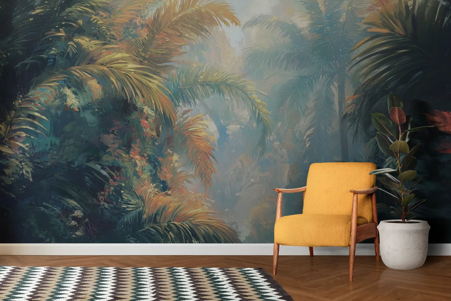 Wzór fototapety LUMINOUS PALMS - tapeta z tropikalną dżunglą w promieniach słońca pokazanej w aranżacji salonu.