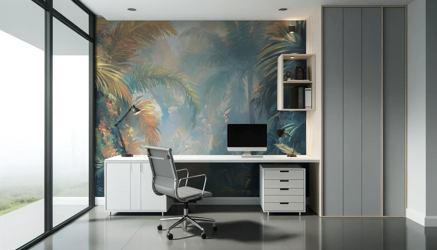 Fototapeta LUMINOUS PALMS - tapeta z tropikalną dżunglą w promieniach słońca pokazana w aranżacji biura.