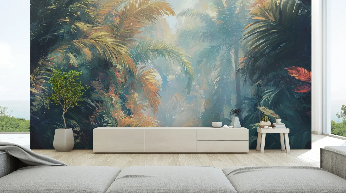 Wzór fototapety LUMINOUS PALMS - tapeta z tropikalną dżunglą w promieniach słońca pokazanej w aranżacji salonu.