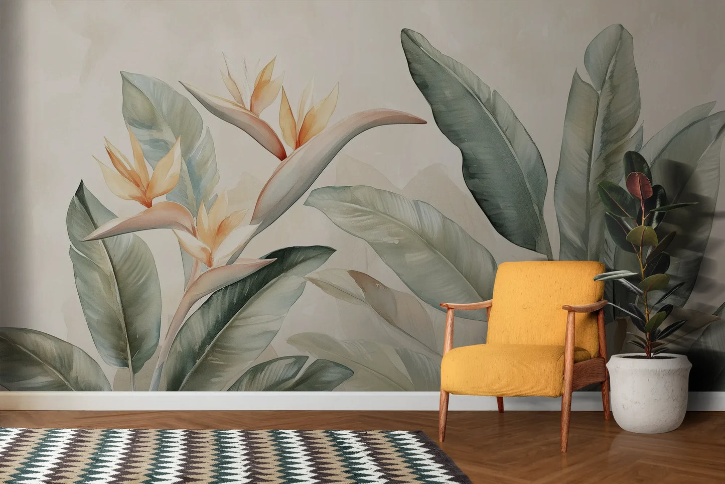 Wzór fototapety PARADISE HELICONIA - tapeta z egzotycznymi kwiatami strelicji w pastelowych odcieniach pokazanej w aranżacji salonu.