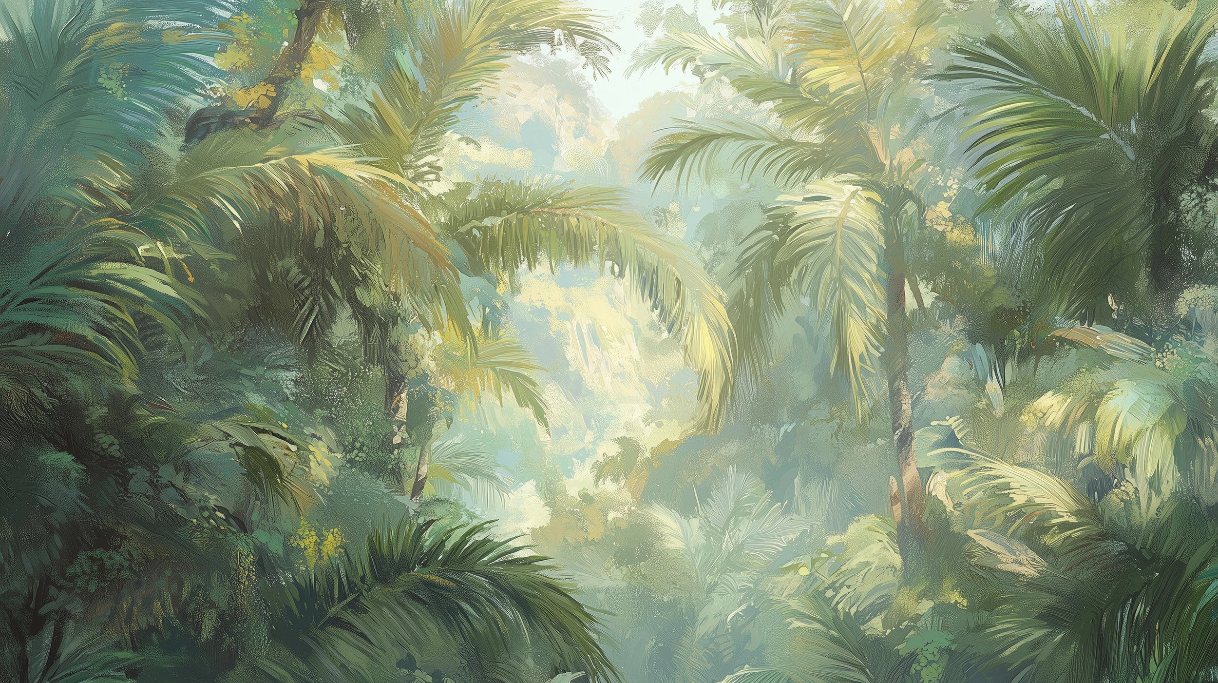 Mustervorschau: Prezentacja całego wzoru fototapety o nazwie MISTY PALMS ECHO - tapeta z tropikalną mgłą i palmami