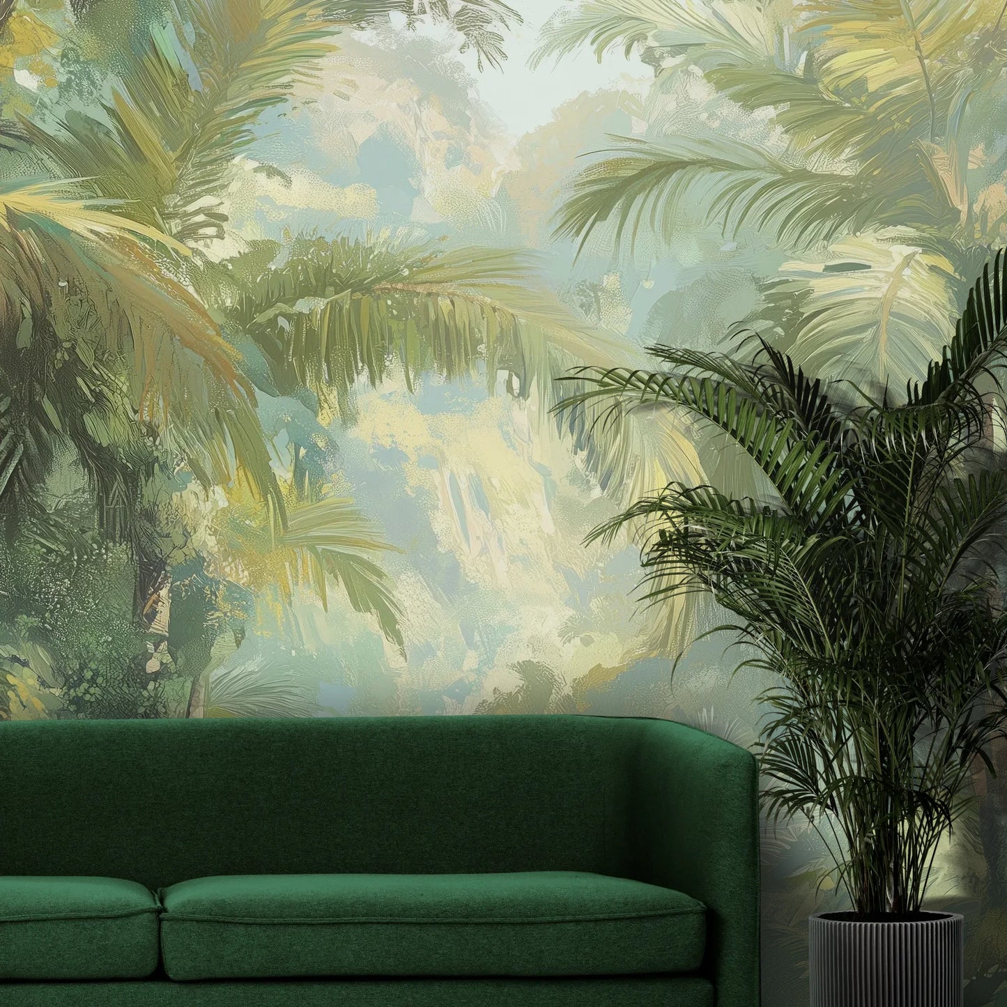 Fototapeta MISTY PALMS ECHO - tapeta z tropikalną mgłą i palmami pokazana w aranżacji wnętrza z akcentem na ścianie.