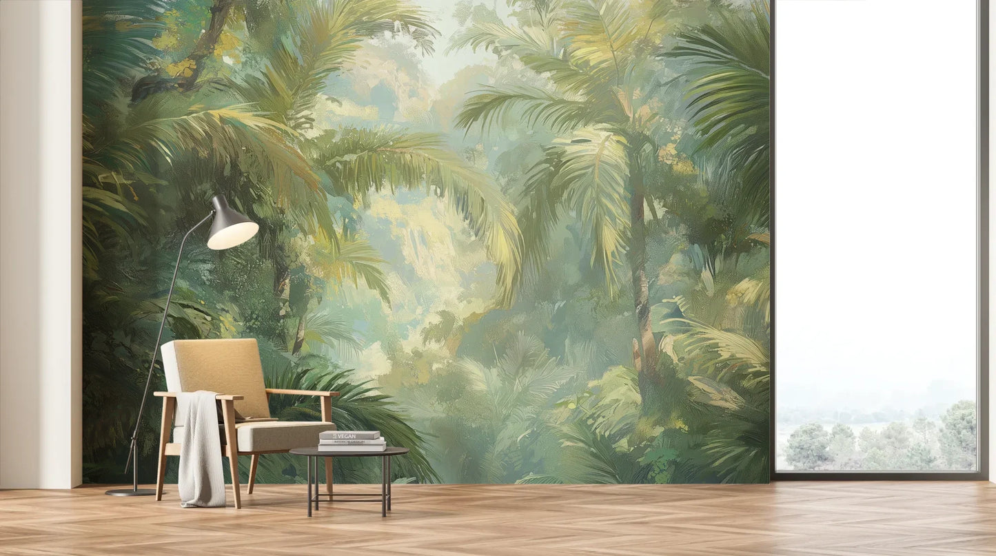 Wzór fototapety MISTY PALMS ECHO - tapeta z tropikalną mgłą i palmami pokazanej w aranżacji salonu.