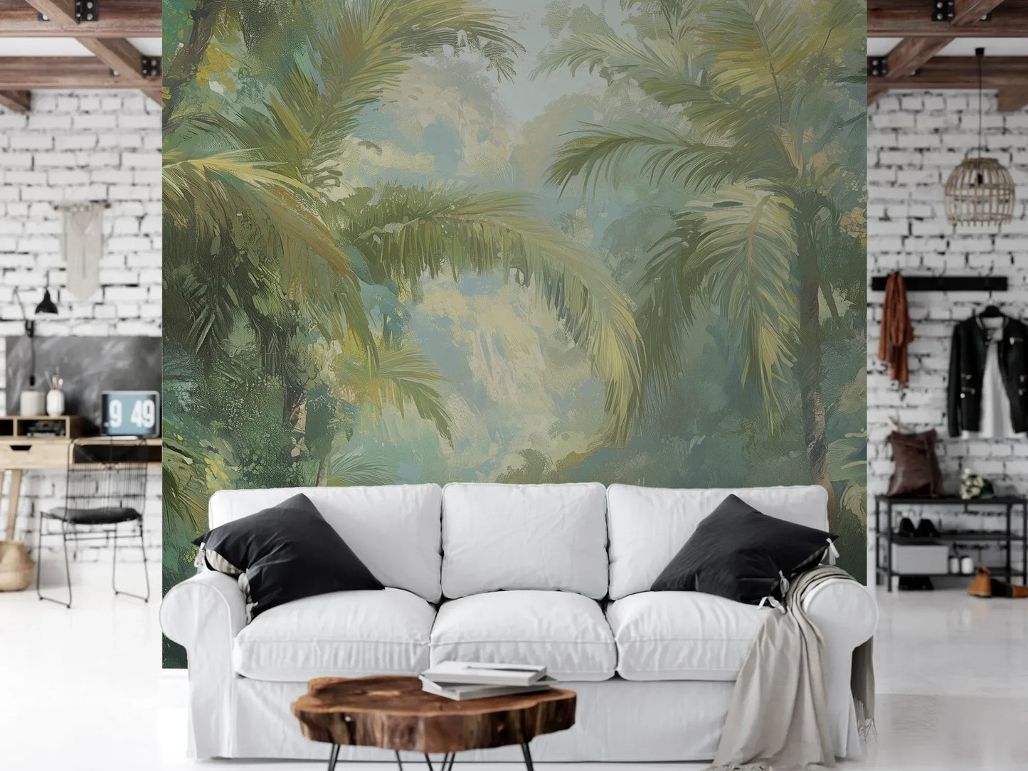 Wzór fototapety MISTY PALMS ECHO - tapeta z tropikalną mgłą i palmami pokazanej w aranżacji salonu.