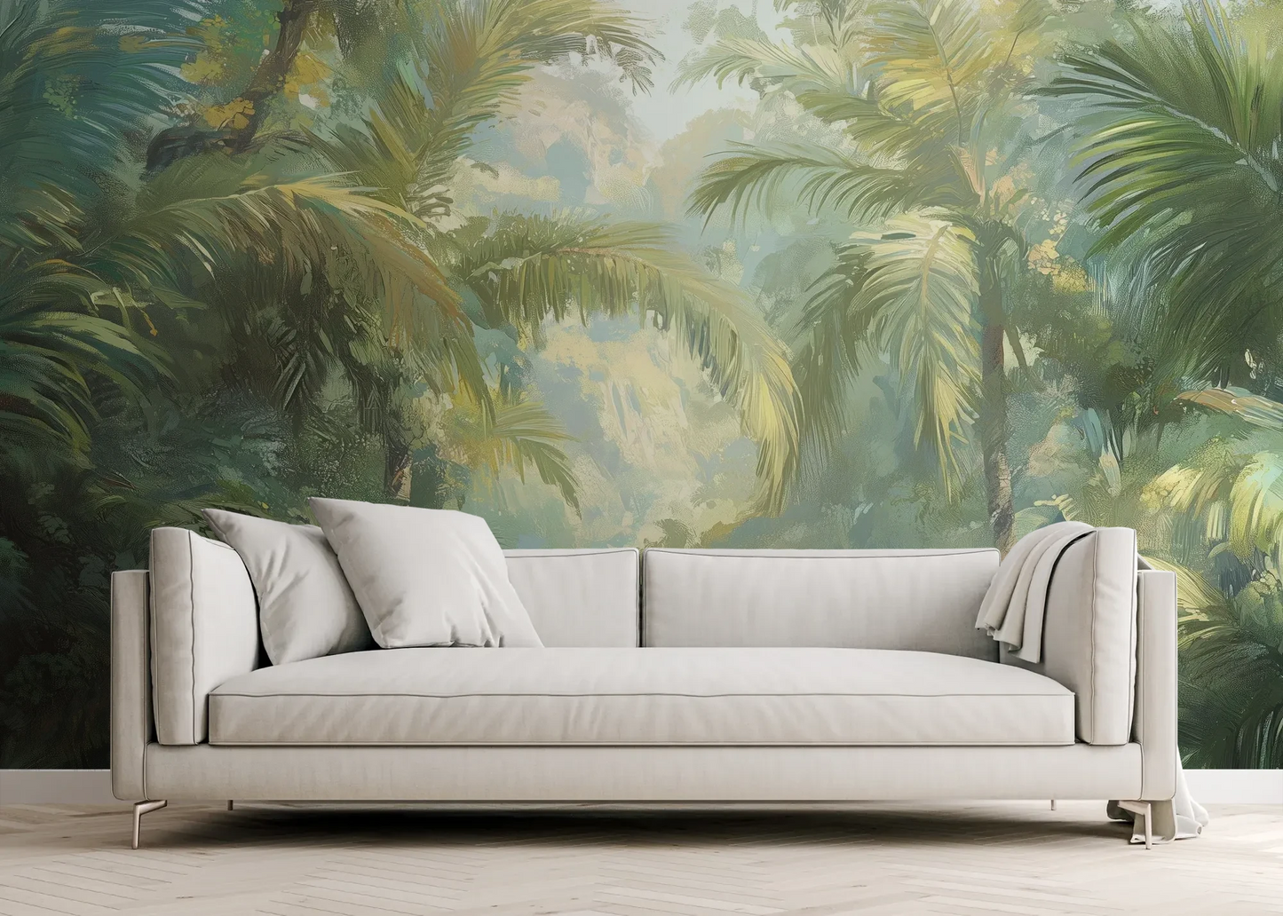 Wzór fototapety MISTY PALMS ECHO - tapeta z tropikalną mgłą i palmami pokazanej w aranżacji salonu.