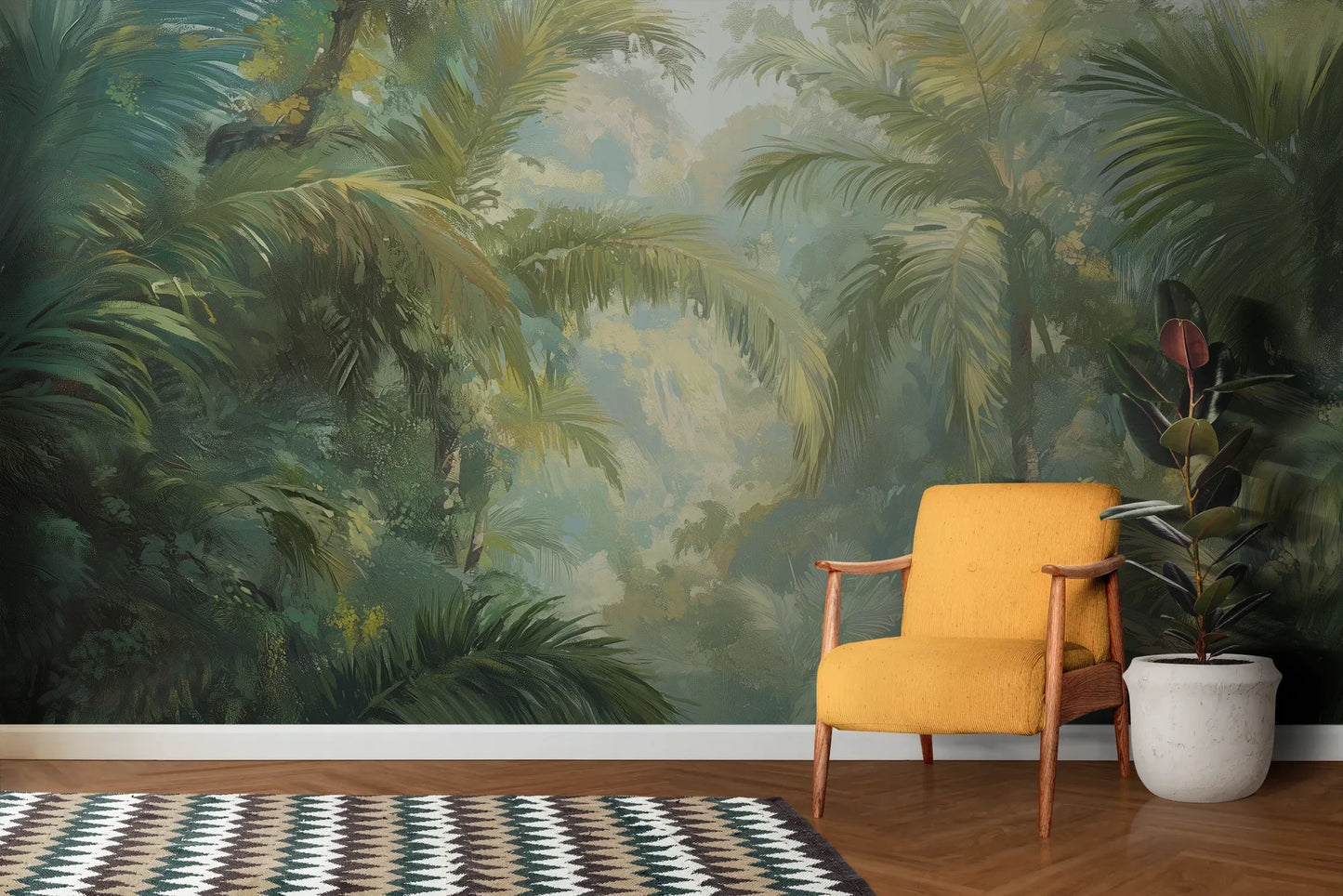 Wzór fototapety MISTY PALMS ECHO - tapeta z tropikalną mgłą i palmami pokazanej w aranżacji salonu.