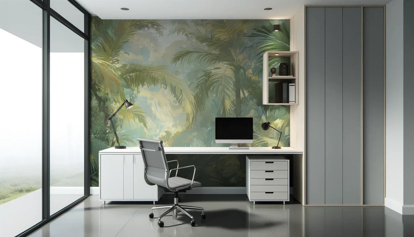 Fototapeta MISTY PALMS ECHO - tapeta z tropikalną mgłą i palmami pokazana w aranżacji biura.