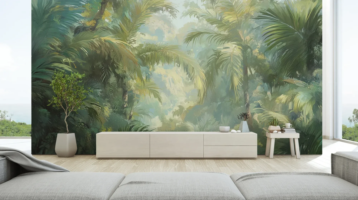 Wzór fototapety MISTY PALMS ECHO - tapeta z tropikalną mgłą i palmami pokazanej w aranżacji salonu.