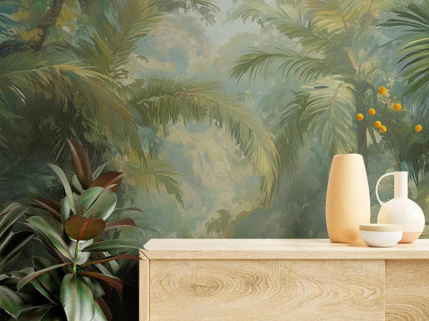 Fototapeta MISTY PALMS ECHO - tapeta z tropikalną mgłą i palmami pokazana w aranżacji wnętrza z akcentem na ścianie.