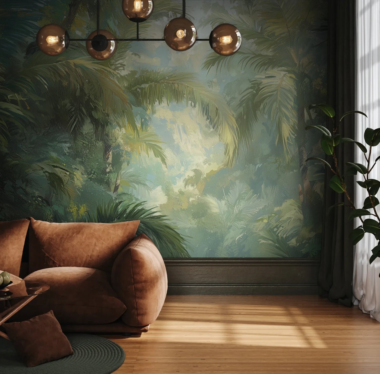 Fototapeta MISTY PALMS ECHO - tapeta z tropikalną mgłą i palmami pokazana w aranżacji wnętrza z akcentem na ścianie.