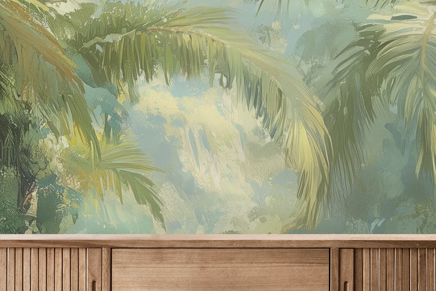 Fototapeta MISTY PALMS ECHO - tapeta z tropikalną mgłą i palmami pokazana w aranżacji wnętrza z akcentem na ścianie.